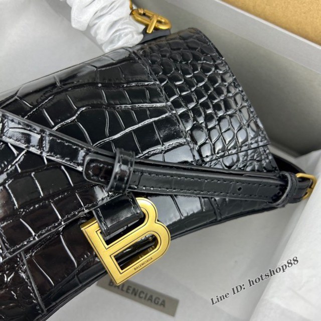 Balenciaga專櫃爆款鱷魚紋黑色金扣Hourglass沙漏包 巴黎世家頂級原單手提肩背包 fyj1216